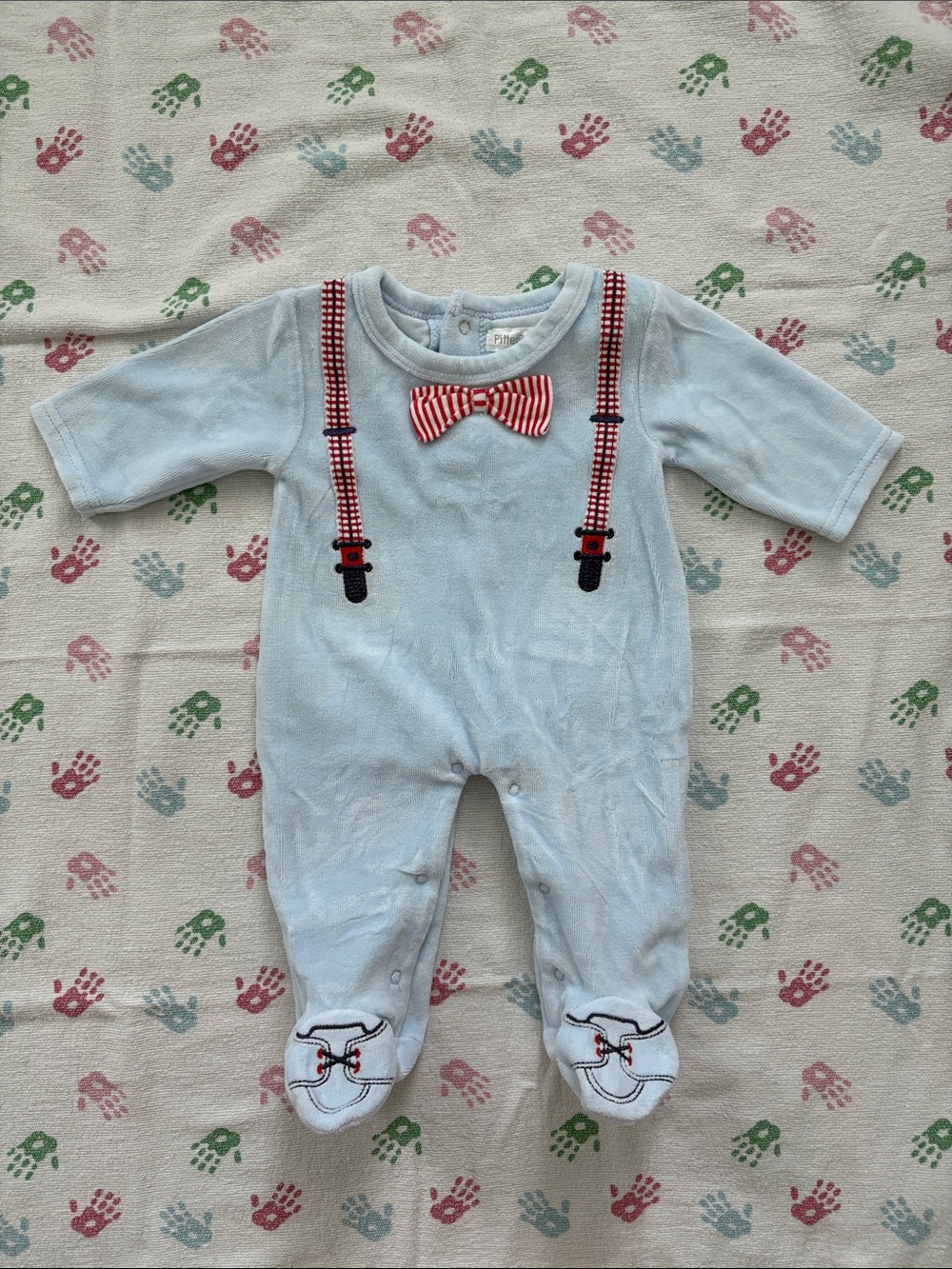 5for25  | Baby Blue Footed One-Piece with Red Bow Tie, Suspenders, & Shoes